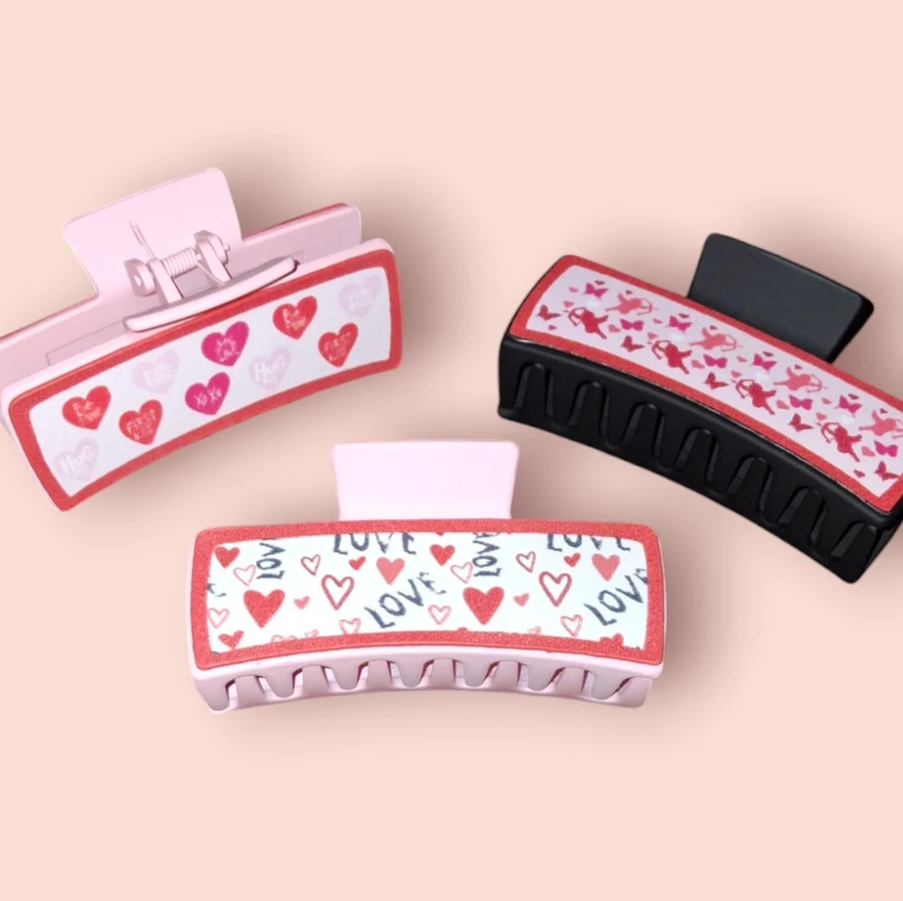 Pink set Hair Clips 💗 hearts large size thick hair love cupid Gift Teen Women